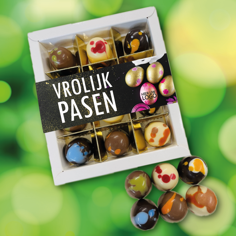 Geschenkdoosje met 12 Vrolijke Paasbonbons - Inclusief banderol